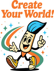 Cartoon paintbrush character, creative mascot, colorful trail, kids art illustration, motivational design, playful style, artistic theme, cheerful expression