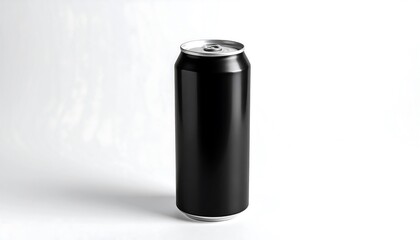 A glossy, black beverage can stands on a plain white background.