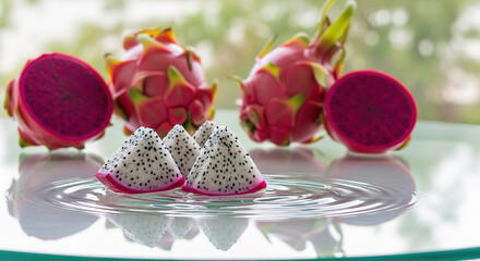 Vivid Dragon Fruit Slices on Glass with Ripple Reflections and N