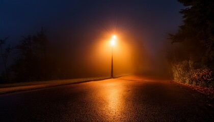 a lone streetlight casts a gentle pool of orange light on an otherwise dark and foggy night evoking solitude and mystery