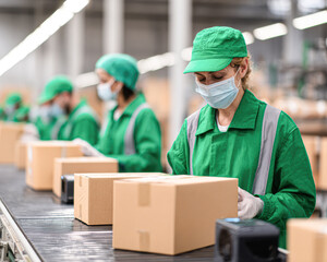 Workers in green uniforms package boxes on a conveyor belt in a warehouse setting, emphasizing teamwork and efficiency in a busy environment.