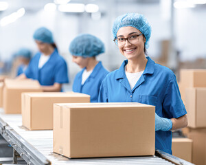A smiling worker in a blue uniform prepares packages on a conveyor belt in a warehouse setting, emphasizing teamwork and efficiency.