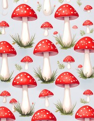 A charming, repeating pattern showcases various depictions of vibrant red toadstools with white stems, nestled amongst small sprigs of greenery on a soft light blue background.