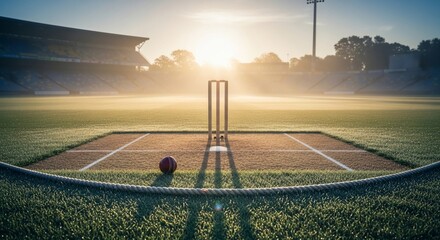 Cricket Pitch at Sunrise: A Stunning View of the Stadium and Game