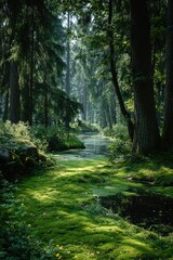 Obraz premium Sunlit forest path through moss-covered ground