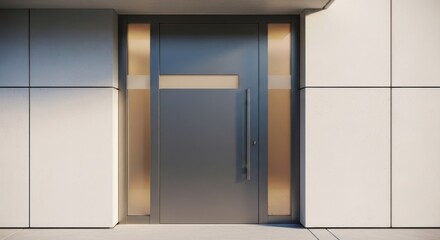 Modern house entrance with a gray door and white paneling facade