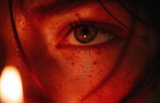 Woman with red skin and sweating face holding candle in darkness