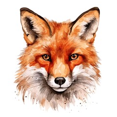 Fototapeta premium The illustration is a close-up of a red fox's head and shoulders, painted in watercolor, showing its expressive eyes and intricate fur details against a white background.