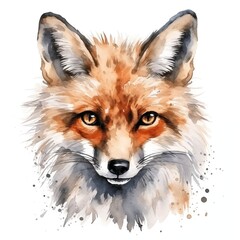 Naklejka premium The illustration depicts a fox's head, rendered in watercolor, against a white background; the artwork features detailed fur texture and expressive eyes