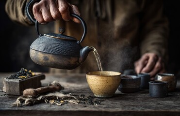 Tea master pouring herbal tea from vintage teapot into ceramic cup