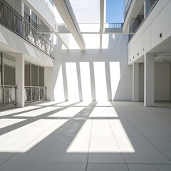 Obraz premium A sun-drenched, minimalist interior space, showcasing long shadows across a light-colored floor, punctuated by white walls and structural beams.