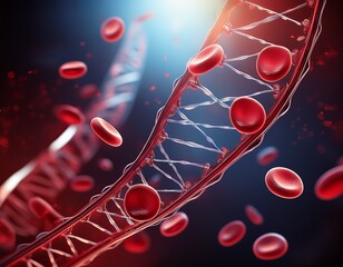 3d rendered abstract visualization of red blood cells and a twisting dna strand symbolizing blood disorders genetics and medical research