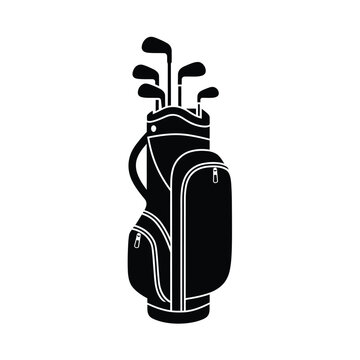 Black silhouette of a golf bag filled with clubs on a white background