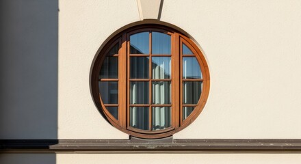 Round window on building facade with sunlight and shadow