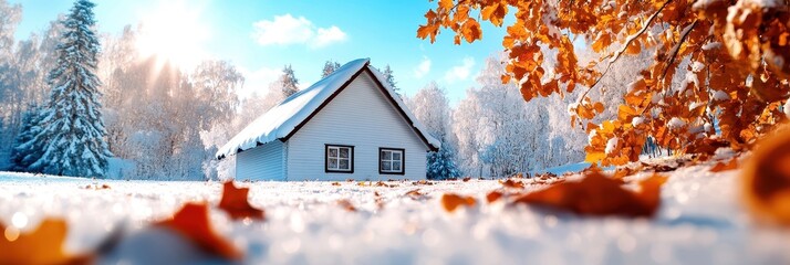 Charming house in winter snow, surrounded by colorful autumn leaves.