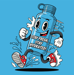Cartoon water bottle, running character, hydration mascot, kids health illustration, stay fresh theme, energetic design, fitness fun, wellness art