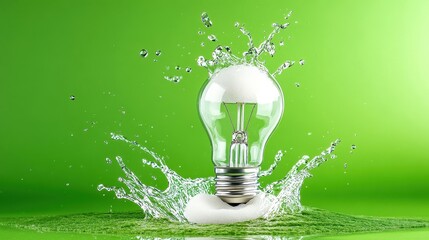 Light bulb splashing in water, green background.