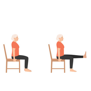 Senior woman performing seated leg extensions on a chair demonstrating a physical therapy exercise for strength and mobility