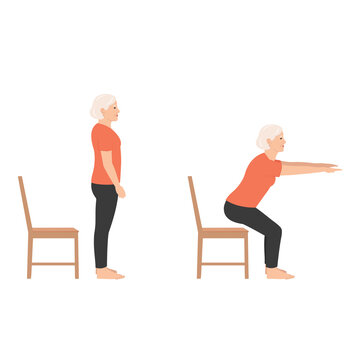 Senior woman performing chair squats exercise for strength and mobility demonstrating proper form for fitness and healthy aging