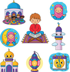 Islamic cartoon set, mosque, prayer mat, hijab girl, Quran reading, lantern, crescent moon, calendar, Ramadan clipart, cultural icons