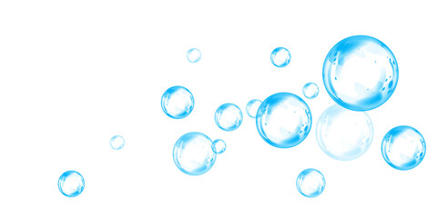 Blue soap bubbles, liquid sphere, foam freshness, underwater floating, vibrant dew, abstract shine, washing concept.