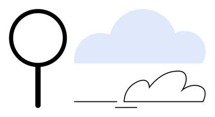 Magnifying glass alongside abstract clouds suggests cloud analysis, data monitoring, or weather forecasting. Ideal for technology, research, environment, science, education, innovation