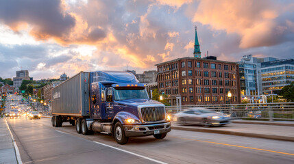 Obraz premium Large blue freight truck driving on urban road at sunset, with city skyline and colorful clouds in the background, showcasing transportation and logistics in action