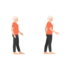 Obraz premium An elderly woman with short gray hair is practicing good posture while standing and walking in a sunlit room. She wears a bright orange shirt and black pants, showing confidence.