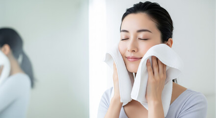 洗顔 タオルで顔を拭く女性