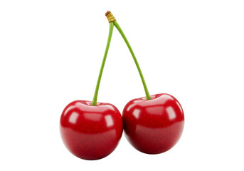 二つの赤いチェリー 緑色の茎 透明な背景に分離された 甘くてジューシーな新鮮な果物