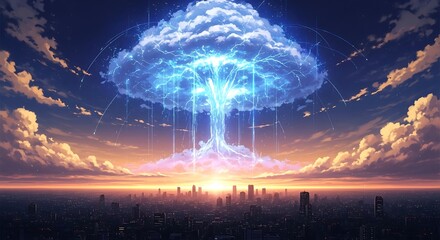 Vectore illustration of epic animestyle mushroom cloud explosion over a city at sunset, with glowing energy and dramatic clouds