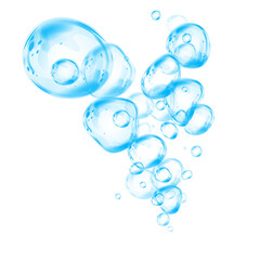 Blue soap bubbles, liquid sphere, foam freshness, underwater floating, vibrant dew, abstract shine, washing concept.