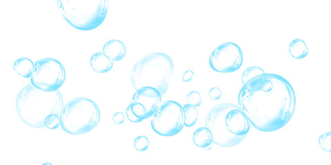 Blue soap bubbles, liquid sphere, foam freshness, underwater floating, vibrant dew, abstract shine, washing concept.