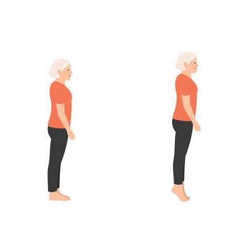 Elderly woman demonstrating proper posture and improved balance with feet together and standing tall