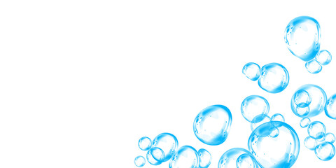 Blue soap bubbles, liquid sphere, foam freshness, underwater floating, vibrant dew, abstract shine, washing concept.