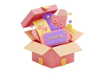 Opened Red Gift Box With Coupons Percent Symbols On Transparent Background