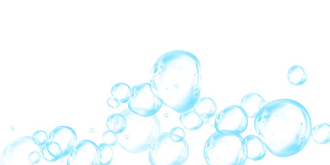 Blue soap bubbles, liquid sphere, foam freshness, underwater floating, vibrant dew, abstract shine, washing concept.
