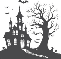 Haunted House with Transparent Background Featuring Gothic Tower, Leafless Tree, and Gravestones for Halloween Design Assets vector eps file