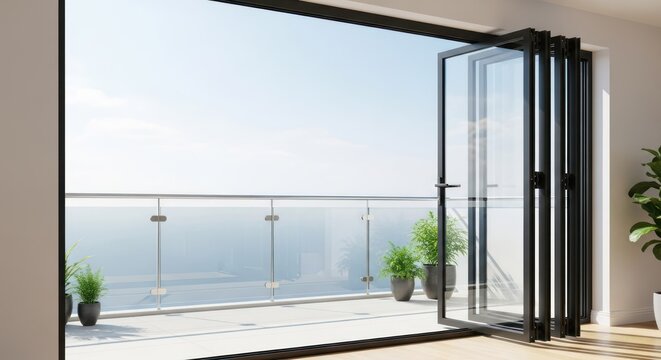 Open folding doors to balcony with ocean view on a bright day