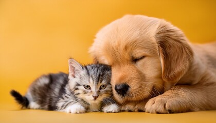 Naklejka premium golden retriever puppy and kitten cuddling on a yellow background
