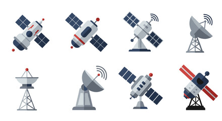 Obraz premium Set of flat style satellites and antennas with wireless signals