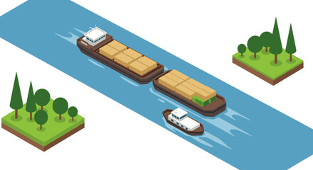 Isometric cargo ships on river with green islands