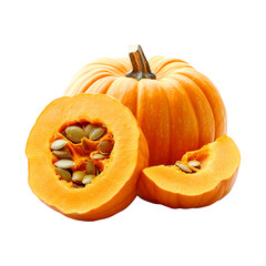 Ripe orange pumpkin with seeds sliced is displayed on transparent background