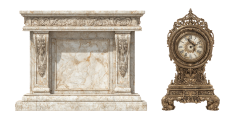 Elegant Marble Mantel and Ornate Clock on Transparent Background