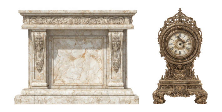 Elegant Marble Mantel and Ornate Clock on Transparent Background