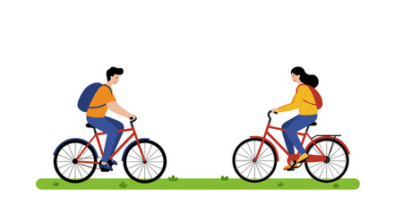 Fototapeta premium Flat design couple riding bicycles on a leafy pathway in casual attire
