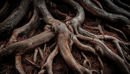 a close up of tree roots that are black and brown the roots are twisted and gnarled giving the impression of a tangled mess scene is one of mystery and intrigue