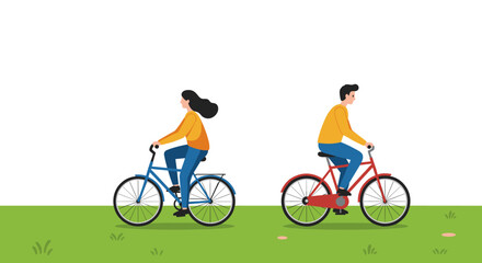 Naklejka premium Couple riding bicycles outdoors on a sunny day in flat style