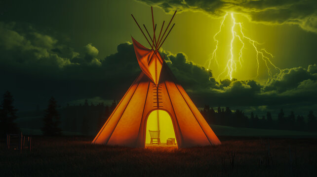 Glowing Teepee Under Yellow Lightning Strike in Dark Stormy Sky tipi wigwam - Powered by Adobe