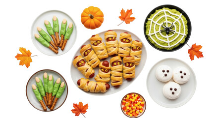 Halloween themed snacks with spooky designs on black background
